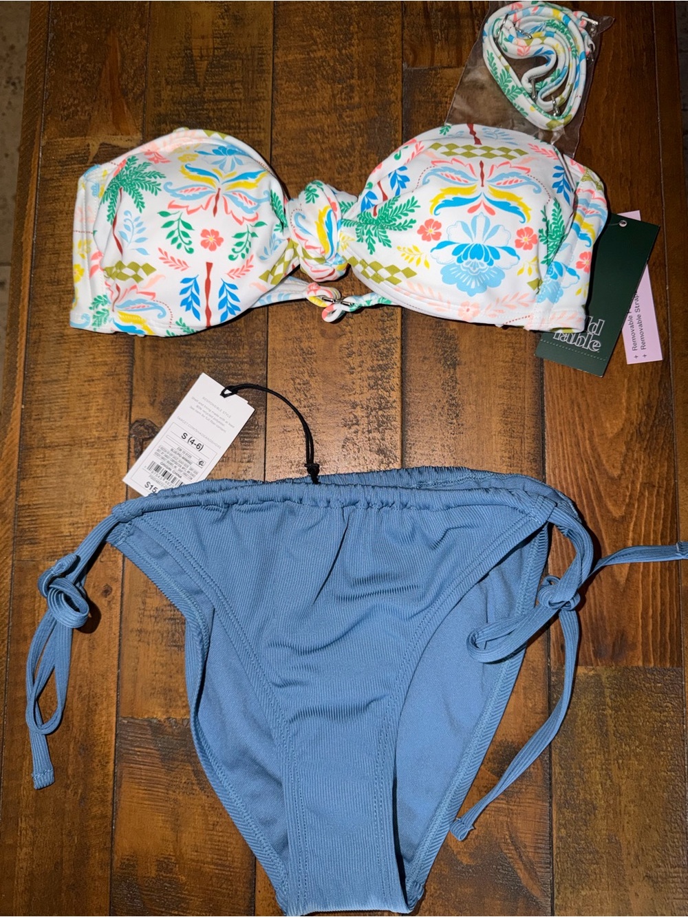 Target Floral White Multicolor Bandeau Bikini Top with Blue Tie-Side Bottom